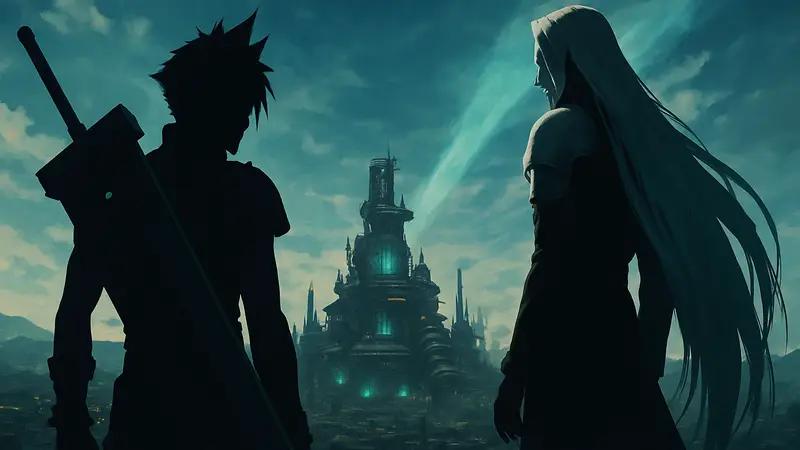 Обложка игры Final Fantasy 7 Rebirth с Клаудом и Сефиротом на фоне