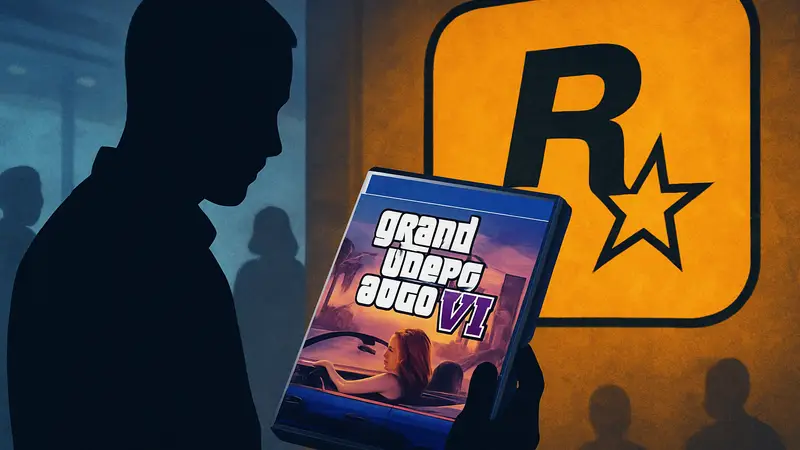 Коробка дисковой версии Grand Theft Auto 6 на фоне логотипа Rockstar Games