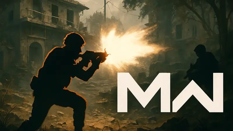 Кадр из Modern Warfare 4 с яркой вспышкой от выстрела и логотипом игры.