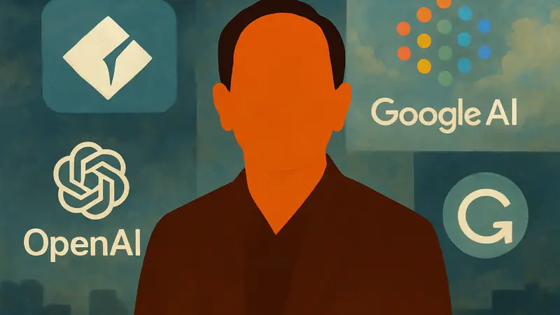 Шишир Мехротра, CEO Superhuman, на фоне логотипов компаний, связанных с ИИ, портрет.