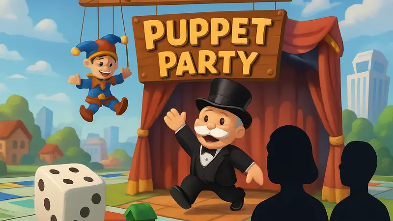 Изображение из мобильной игры Monopoly GO, анонсирующее событие Puppet Party.