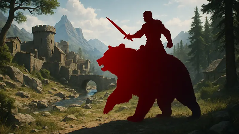 Игрок верхом на медведе в мире Crimson Desert, демонстрирующий боевые возможности и уникальность ездового зверя