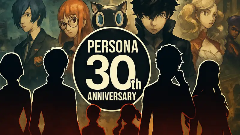 Логотип Persona 30th Anniversary Collection на фоне стилизованных персонажей из серии игр.