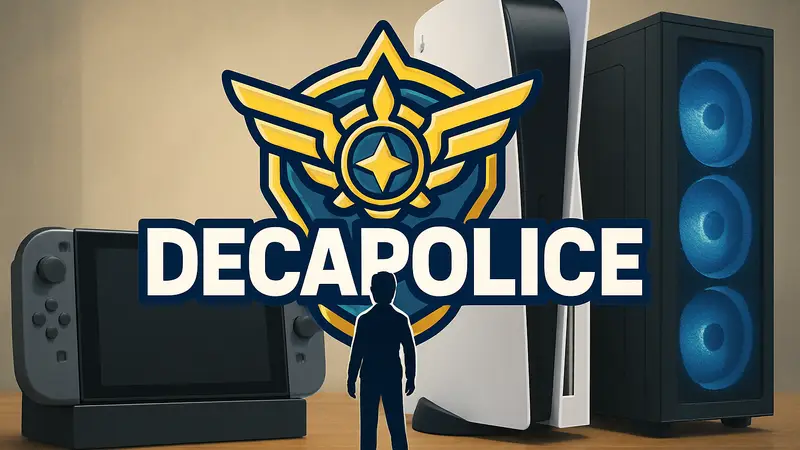 Логотип Decapolice на фоне игровых консолей Switch 2, PS5 и ПК