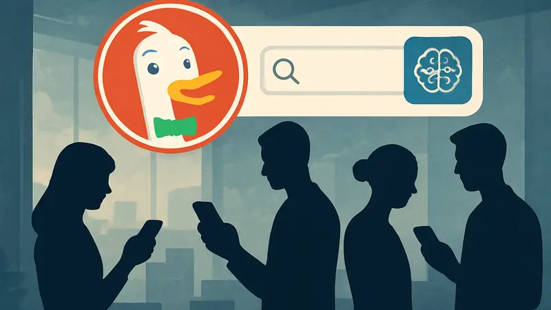 Логотип DuckDuckGo, пользователи мобильных устройств, поисковая строка, искусственный интеллект