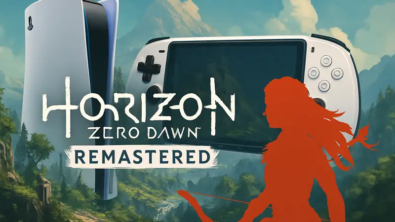 Логотип Horizon Zero Dawn Remastered на фоне консоли PlayStation 5 с элементами портативной консоли.