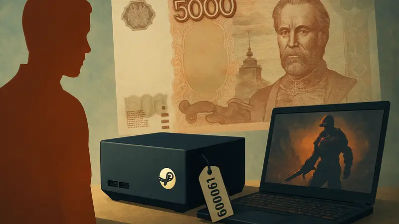 Steam Machine от Valve с ценником 190 тысяч рублей на фоне российского рубля и игрового ноутбука.