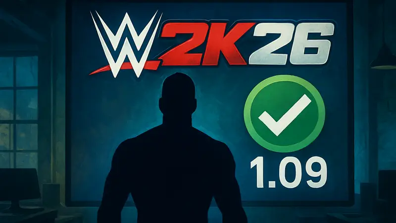 Логотип WWE 2K26 и номер патча 1.09, символизирующий исправление ошибок.
