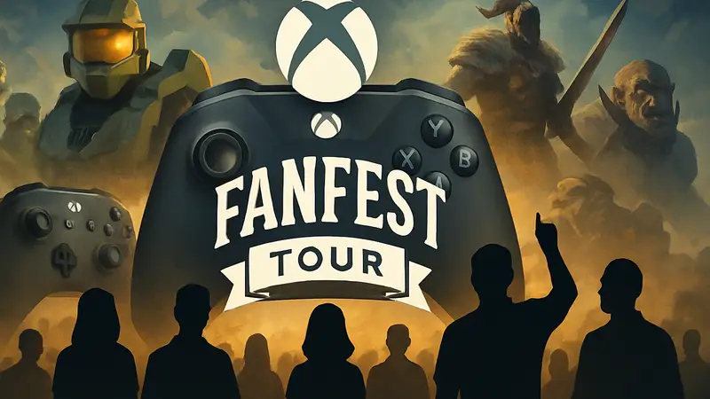 Логотип Xbox FanFest Tour на фоне геймпадов и игровых персонажей.