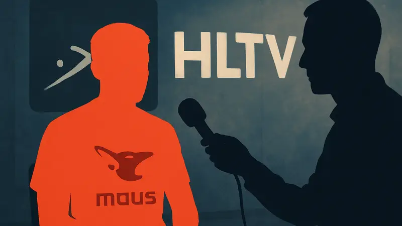 Киберспортсмен Spinx из команды MOUZ даёт интервью на фоне логотипа HLTV.