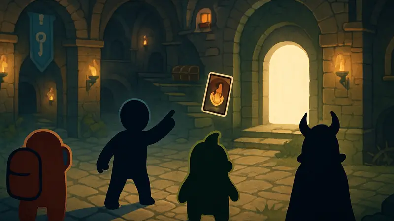 Скриншот или обложка игры Another Door с элементами Mario Party, Among Us и Slay the Spire
