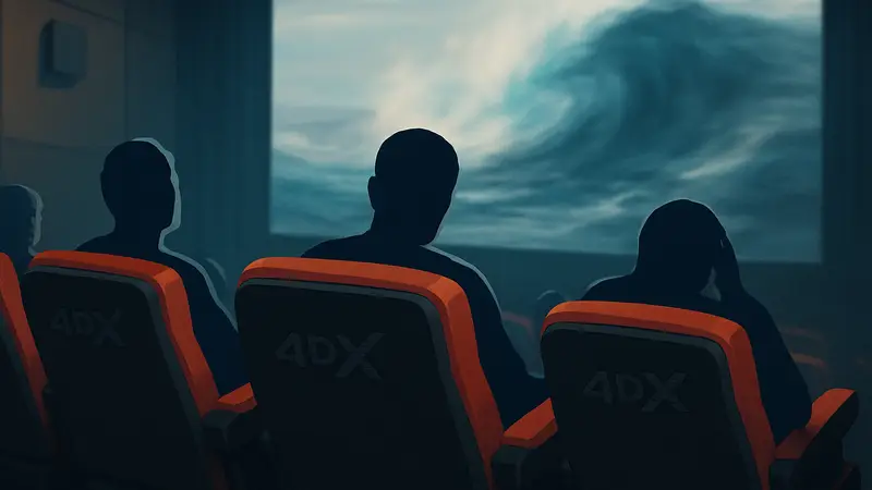 Кресла кинотеатра 4DX, имитирующие движение, с размытым изображением киноэкрана