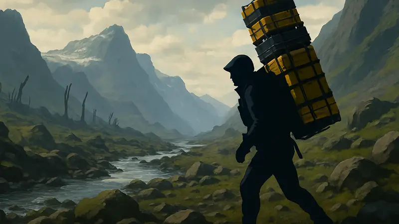 Скриншот из Death Stranding 2, показывающий Сэма Бриджеса, идущего с грузом.