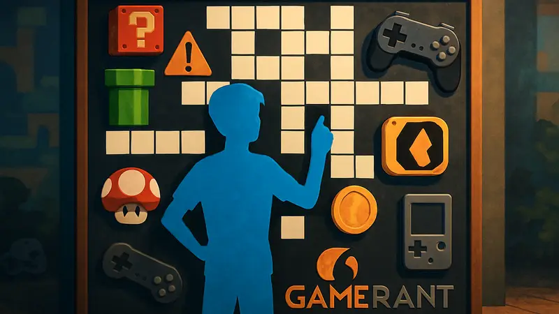 Стилизованное изображение кроссворда с игровыми элементами и логотипом GameRant