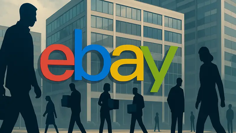 Логотип eBay на фоне офисного здания или схематич еского изображения увольнений