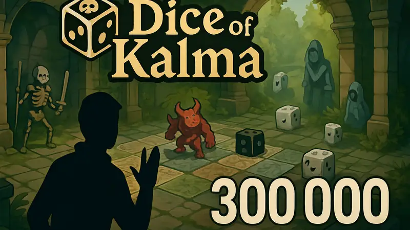 Логотип игры Dice of Kalma на фоне игрового поля, достижение 300 тысяч загрузок