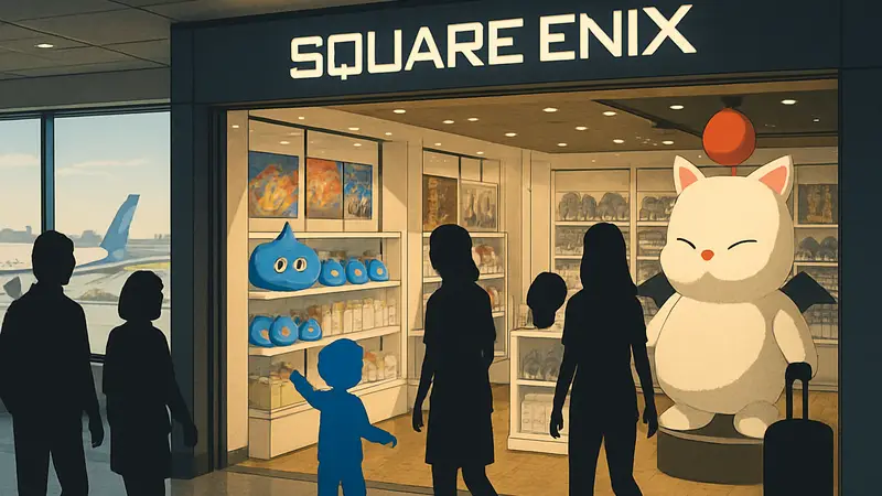 Поп-ап магазин Square Enix в аэропорту Нарита, маскоты Dragon Quest и Final Fantasy