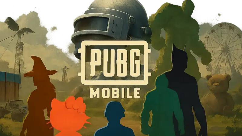 Логотип PUBG Mobile с элементами различных коллабораций, демонстрирующий разнообразие партнерств.