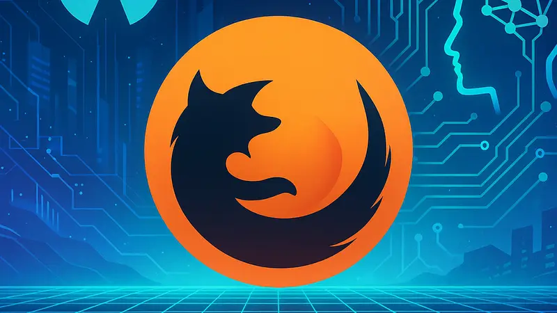 Концептуальное изображение логотипа Mozilla в контексте футуристической веб-среды, символизирующее интеграцию ИИ и открытого исходного кода.