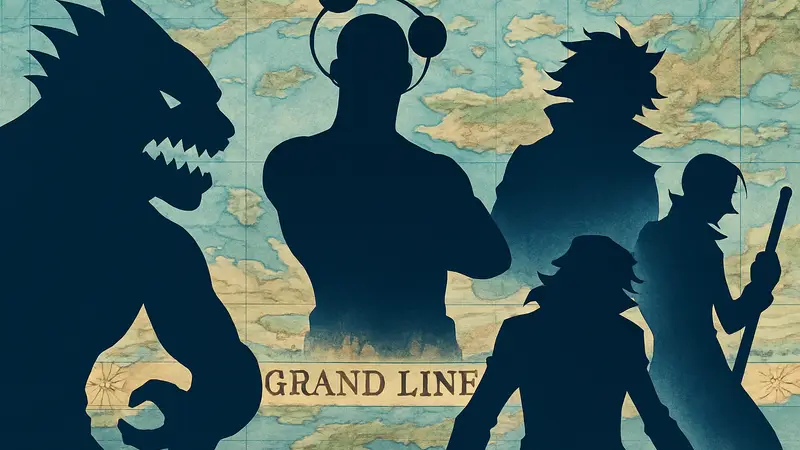 Коллаж из злодеев One Piece, включая Арлонга, Энеля и капитана Куро, на фоне карты Гранд Лайн.