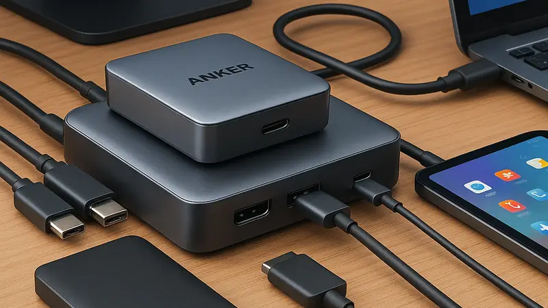 Док-станция Anker 13-в-1 с подключёнными к ней различными кабелями и устройствами на рабочем столе