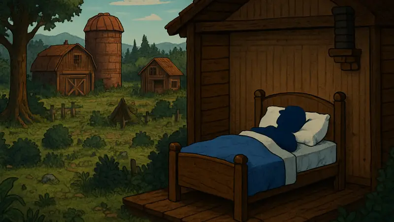 Ферма в Stardew Valley после долгого времени. Главный герой спит в кровати.
