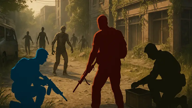 Скриншот из игры The Midnight Walkers с зомби и игроками, ищущими лут на карте Steam.