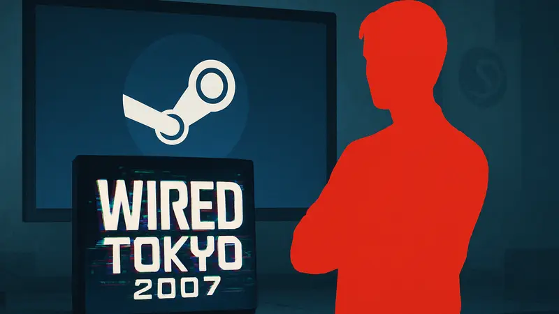 Логотип игры Wired Tokyo 2007 на фоне Steam, символизирующий блокировку инди-проекта Valve.