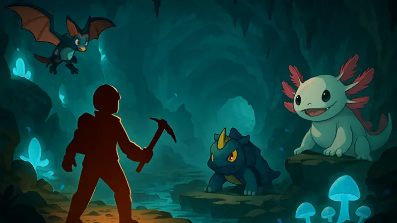 Концепт-арт локации Downbelow из Temtem: Pioneers с монстрами и окружением.