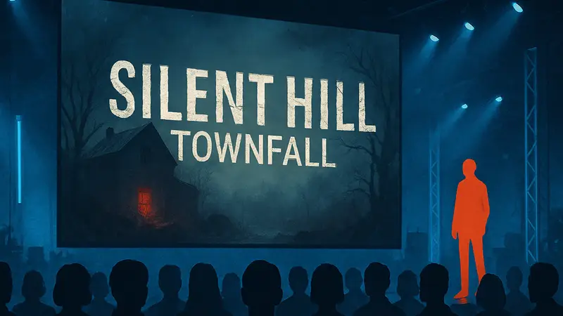 Логотип игры Silent Hill: Townfall с элементами хоррора на фоне мероприятия Gamescom Opening Night Live.