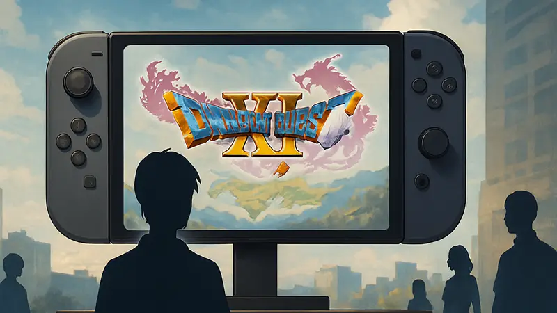 Логотип Dragon Quest XI S на фоне Nintendo Switch 2, анонс игры