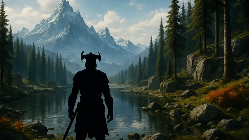 Завораживающий пейзаж Skyrim с улучшенной графикой благодаря модам, детализированными текстурами.