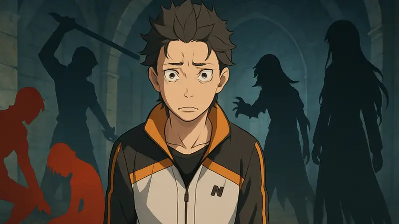 Аниме персонаж Субару Нацуки из Re:Zero, окруженный темными силуэтами, символизирующими его многочисленные смерти.