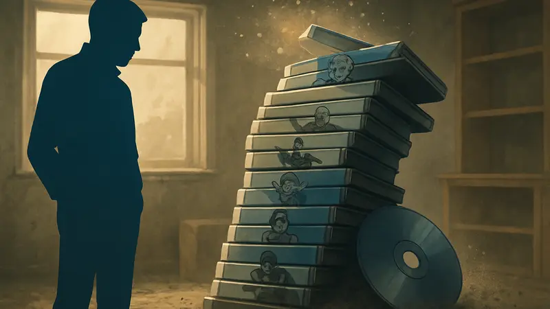 Стопка дисков с играми, падающая или покрывающаяся пылью, символизирующая снижение физических продаж.