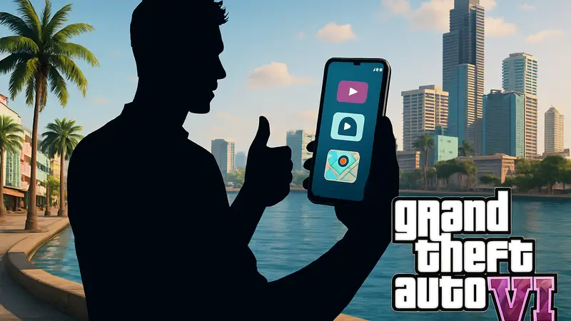 Скриншот GTA 6, изображающий инфлюенсера на фоне Вайс-Сити и внутриигровой смартфон.