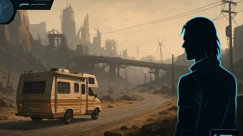 Скриншот игры Outbound с кемпервэном, едущим по постапокалиптическому пейзажу, и элементы интерфейса Cyberpunk 2077.