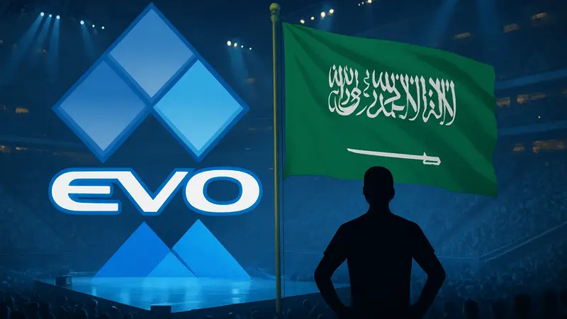Логотип Evo и флаг Саудовской Аравии на фоне киберспортивной арены, символизирующие сделку по приобретению.