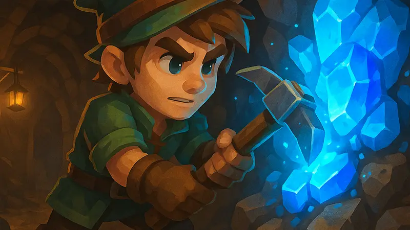 Игрок Hytale добывает мифриловую руду в шахте, светящийся редкий ресурс.