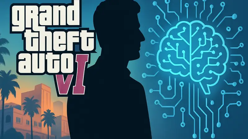 Штраус Зельник, CEO Take-Two, на фоне логотипа GTA 6 и символов искусственного интеллекта.