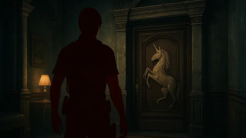 Скриншот из Resident Evil Requiem: дверь с изображением единорога, которую нужно открыть.