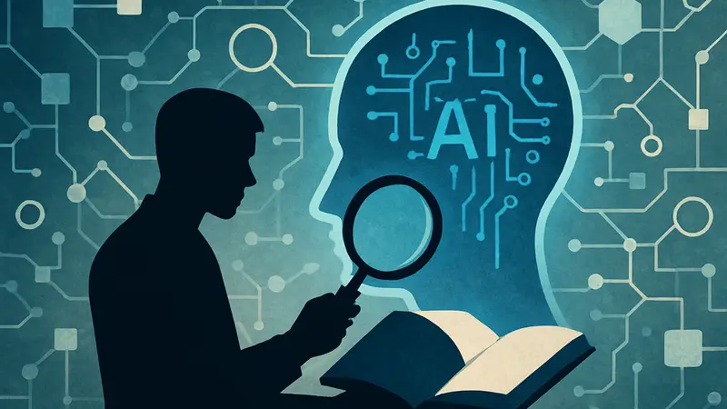 Изображение, символизирующее искусственный интеллект и сложную терминологию, с лупой или словарём