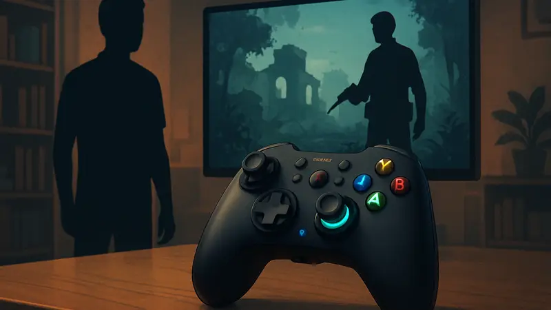 Игровой контроллер EasySMX D10, лежащий на столе, с подсветкой кнопок.