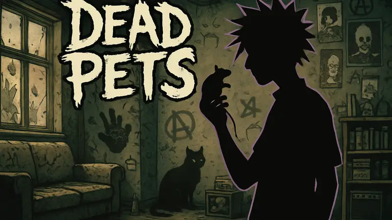Обложка игры Dead Pets: A Punk Rock Slice of Life Sim, с элементами панк-рок эстетики.