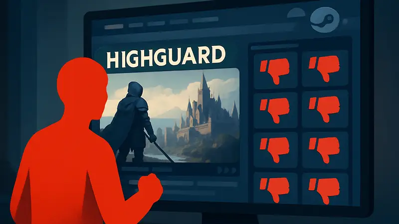 Скриншот страницы игры Highguard в Steam с красными негативными обзорами, символизирующий ревью-бомбинг и недовольство игроков.