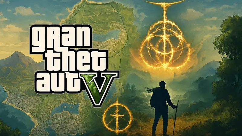 Логотипы GTA V и Elden Ring на фоне карты открытого мира, символизирующего исследование.