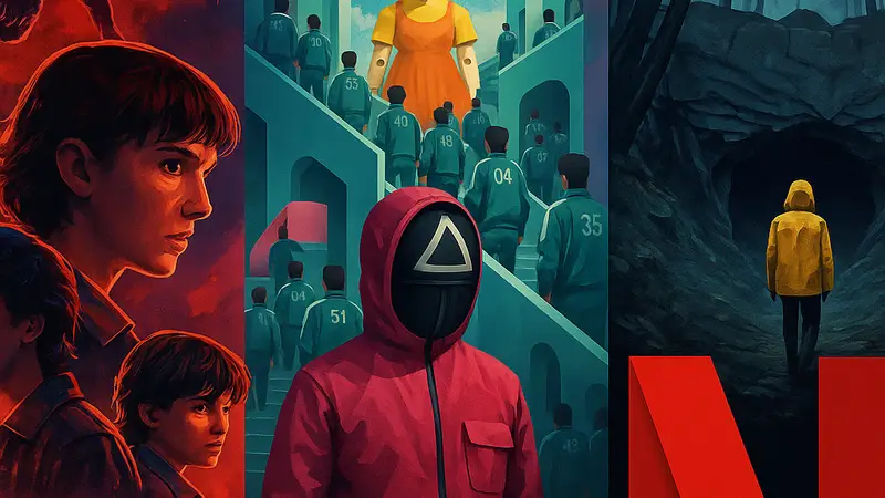 Коллаж из кадров сериалов «Очень странные дела», «Игра в кальмара» и «Тьма», демонстрирующий их амбициозность и масштаб.
