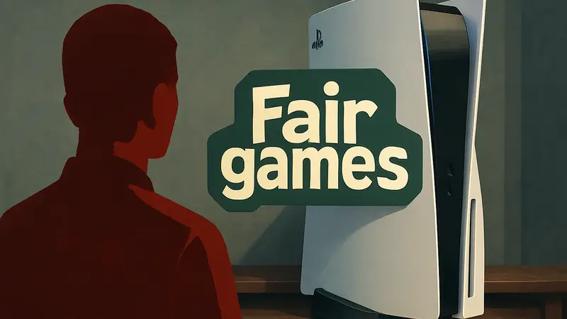 Логотип Fairgames на фоне консоли PlayStation 5