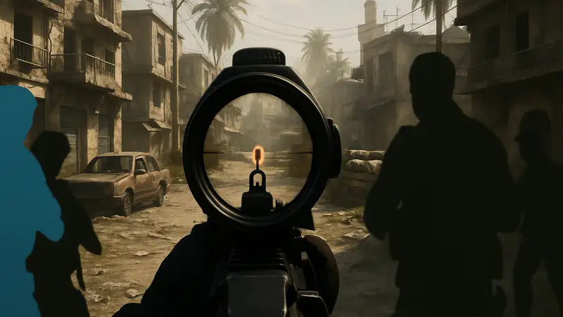 Игровой скриншот Call of Duty: Modern Warfare 4, демонстрирующий эффект глубины резкости при прицеливании в шутере.