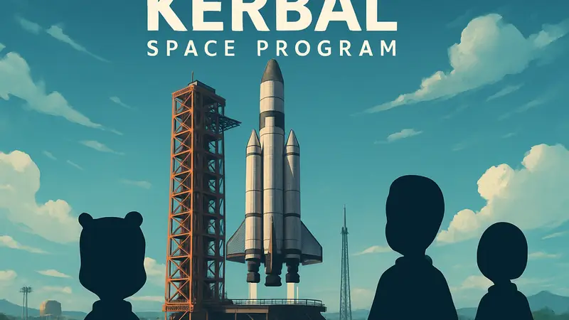 Обложка игры Kerbal Space Program, ракета на стартовой площадке.