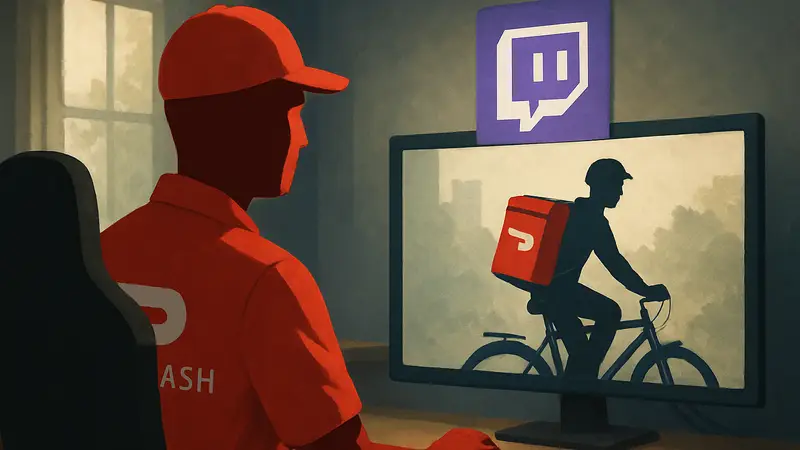 Стример Lacy в форме DoorDash, логотип Twitch, доставщик еды, онлайн-трансляция